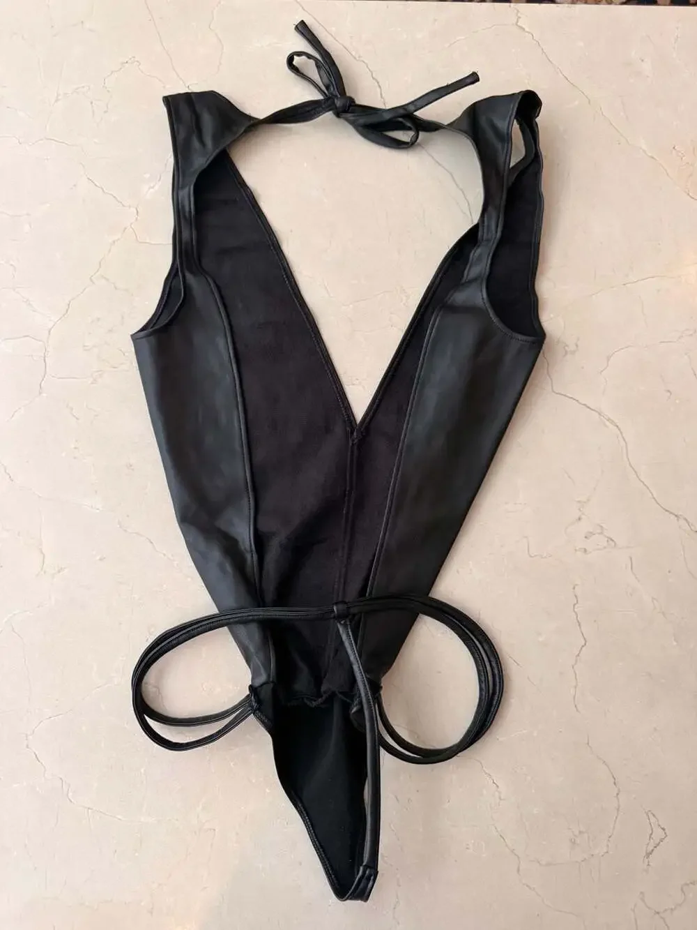 Maniere De Voir Faux Vegan Leather Halter Bodysuit with Waist Tie Detail